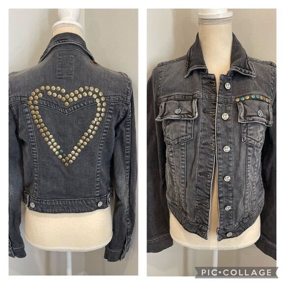 Vintage Free People Heart Studded Charcoal/Black Denim Jacket - Picture 1 of 11